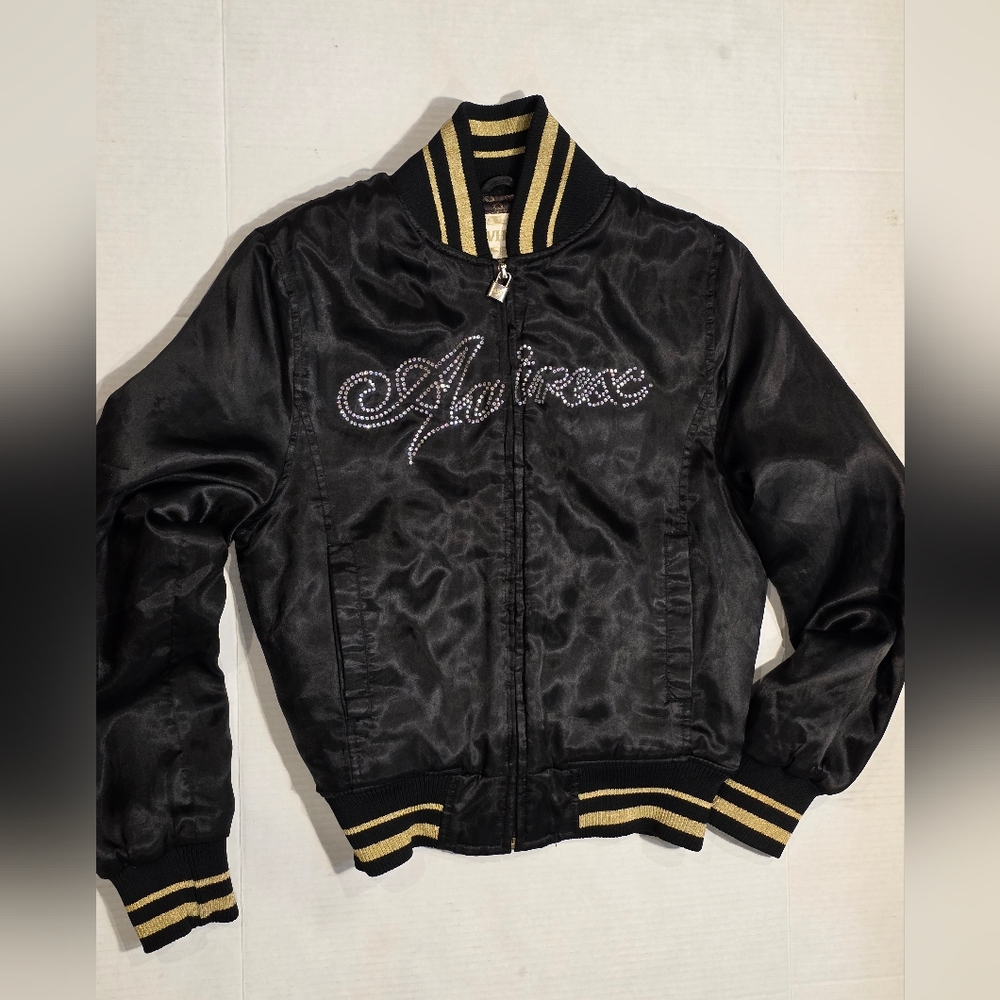 AVIREX Bomber Jacket Womans Size M Rhinestones Satin Style Black Shiny Gold